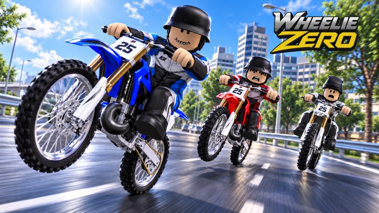 Group dirt bike ride through the city in Wheelie Zero