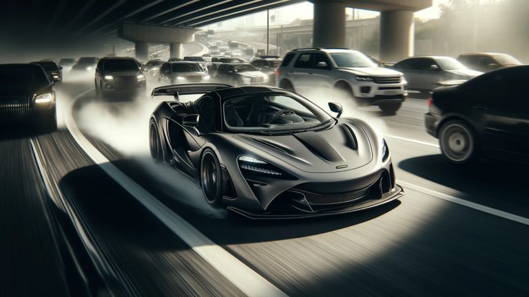 Supercar threading through highway traffic under an overpass in Project Assetto