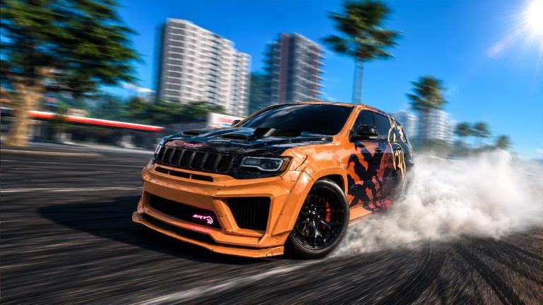 Smoke and palm trees on the beachfront strip in Assetto: Street Racing