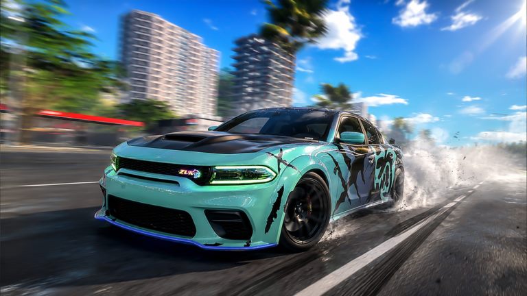 Teal muscle car with a custom livery drifting in Assetto: Street Racing