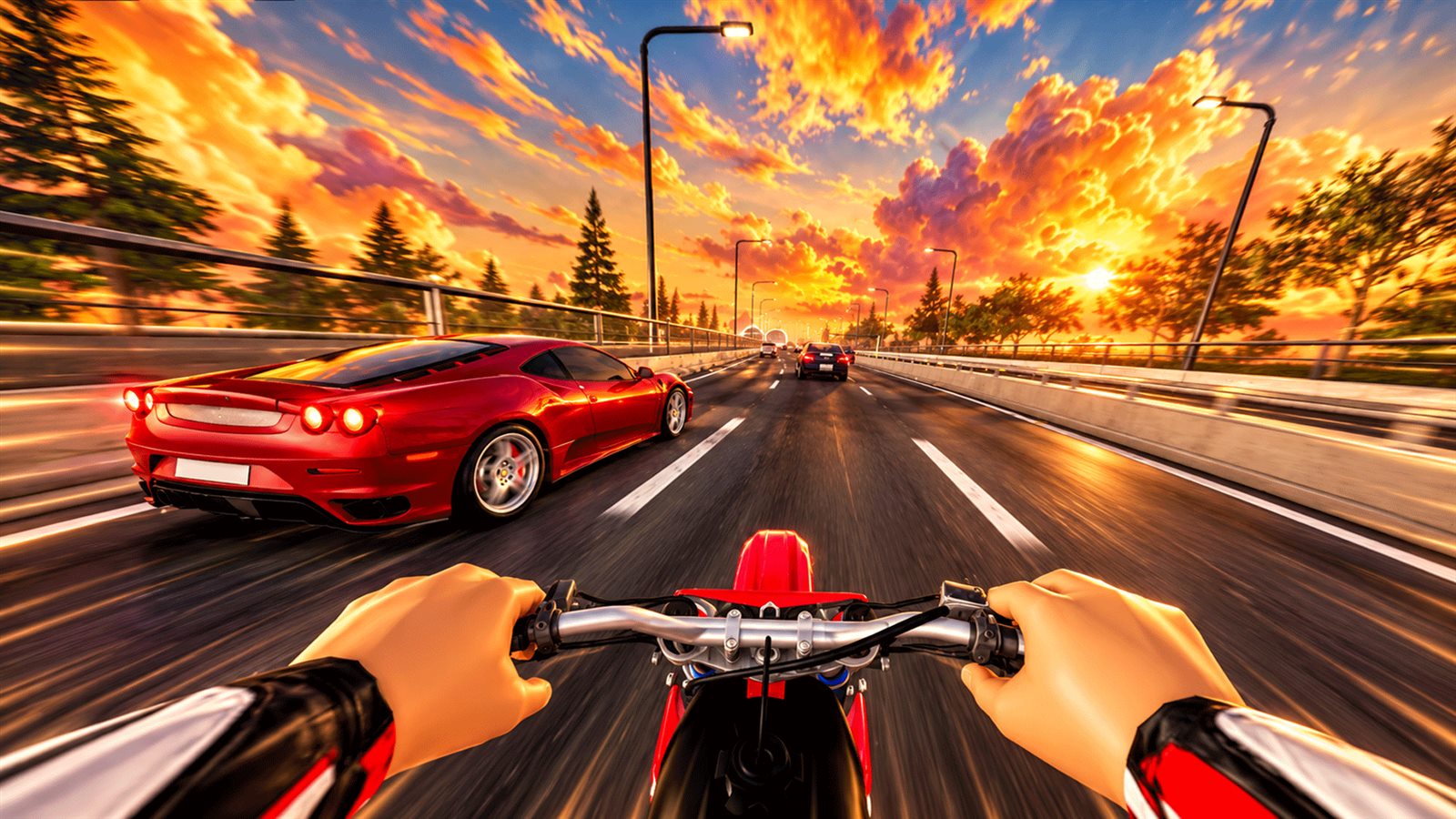 First-person dirt bike ride past police cars at sunset in Wheelie Zero